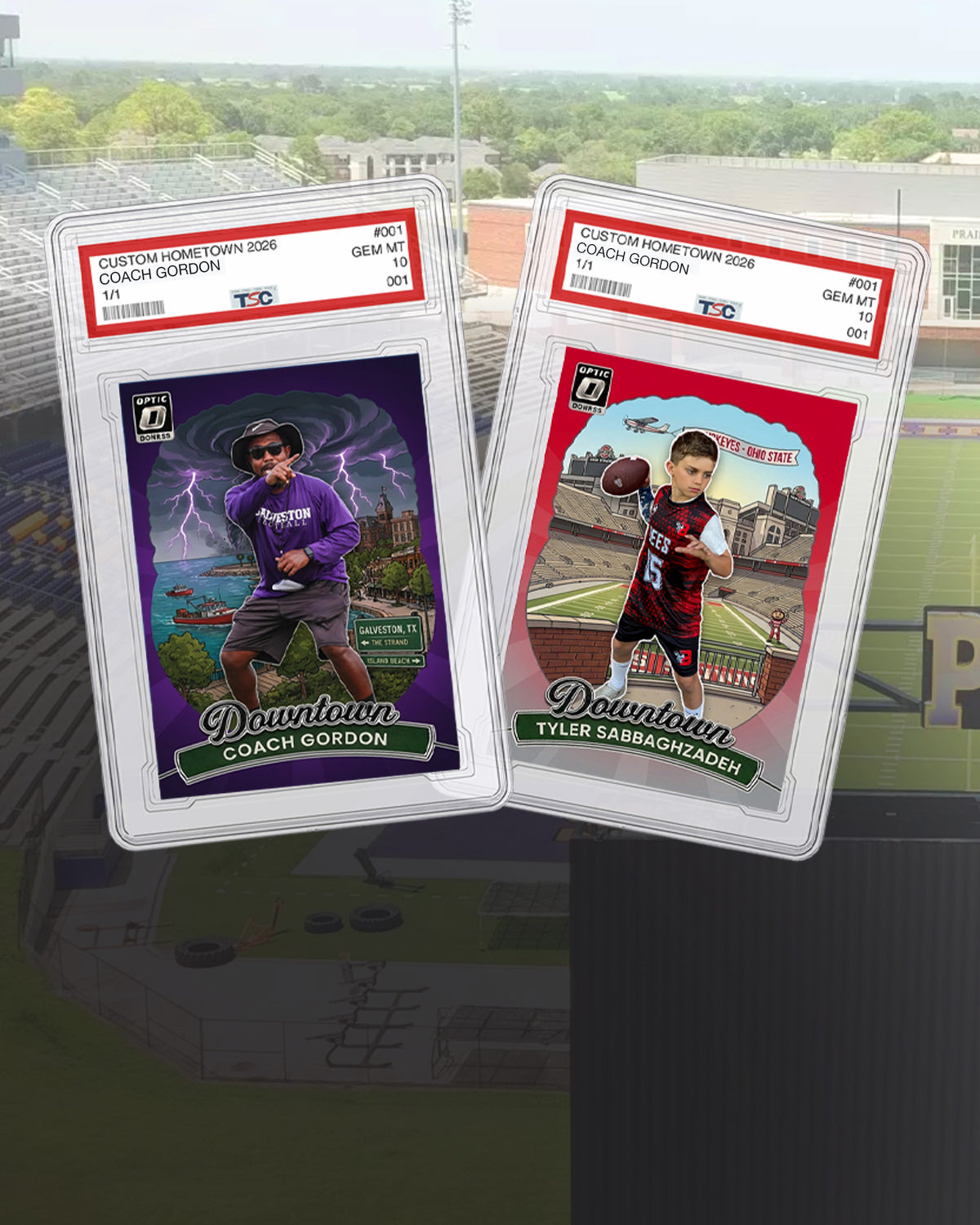 Coach Gordon and Tyler custom Downtown cards in collector slabs at the stadium