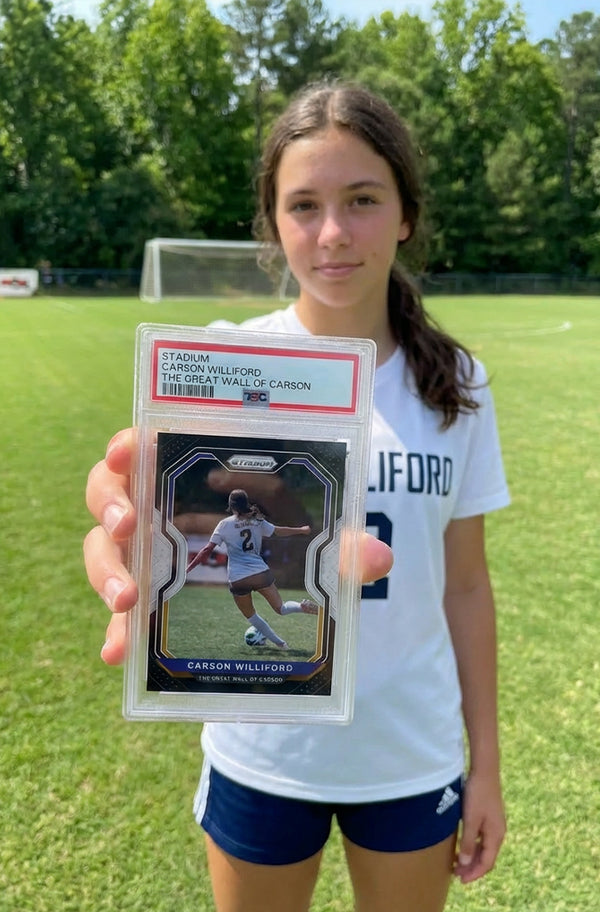 A player holding her custom soccer card