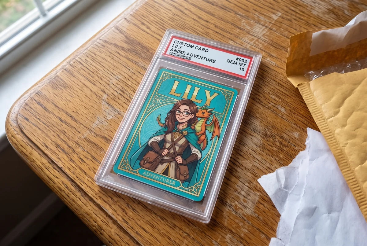 A custom card slab on an oak table