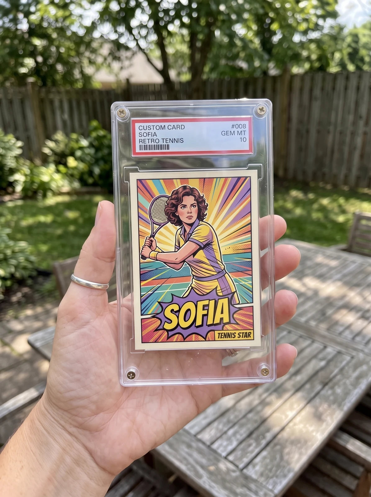 A custom tennis slab held outdoors